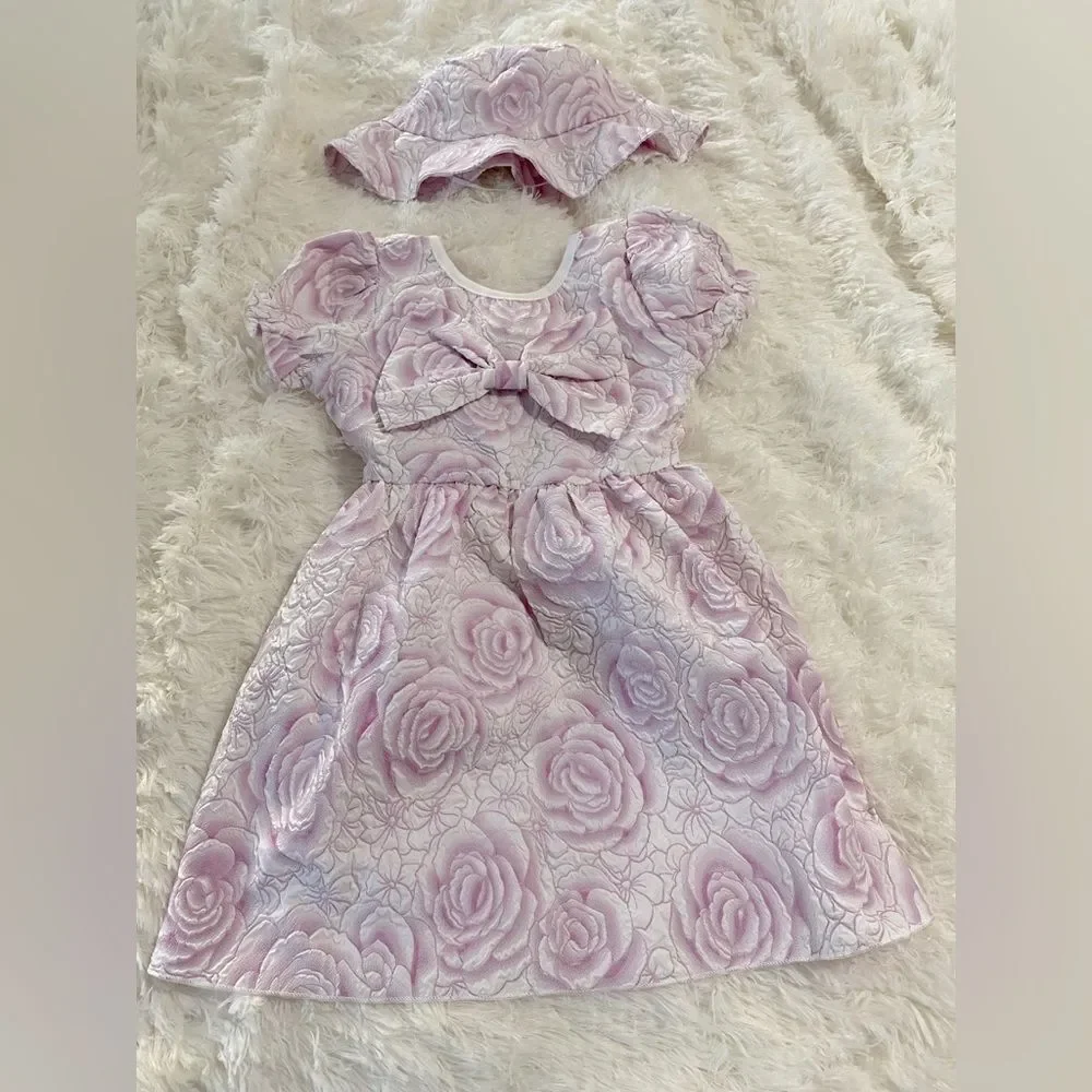 Toddler pink and white flower print dress with matching hat NWOT